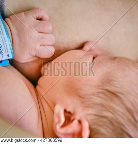 A Mother Is Breastfeeding A Newborn Baby With A Maternity Hospital Bracelet On Her Arm. A Newly Born