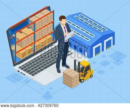 Isometric Smart Warehouse Management System. Concept Of Automatic Logistics Management. Packages Are