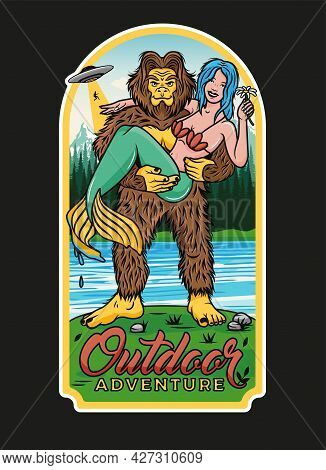 Sasquatch And Mermaid. Outdoor Adventure Logo. Vector Illustration.