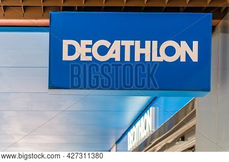 Madrid, Spain – May 12, 2021: Decathlon Logo On The Facade Of A Store In Madrid, Spain. Decathlon Is