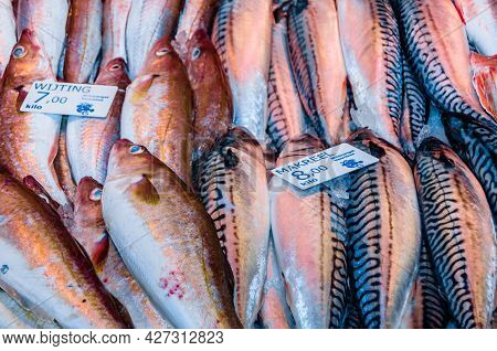 Amsterdam, The Netherlands - November 17, 2018: Fresh Fish Stall In The Albert Cuyp Market, A Street