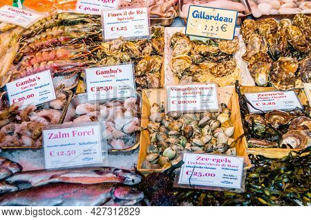 Amsterdam, The Netherlands - November 17, 2018: Seafood Stall In The Albert Cuyp Market, A Street Ma
