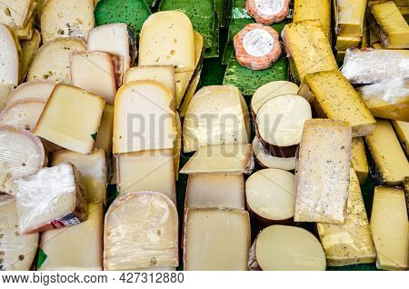 Amsterdam, The Netherlands - November 17, 2018: Dutch Cheese For Sale  In The Albert Cuyp Market, A 