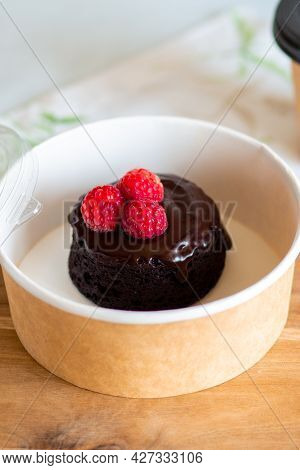 Dessert Delivery In A Carton Box. Chocolate Fondant With You. Delivery Of Chocolate Dessert. Fondant