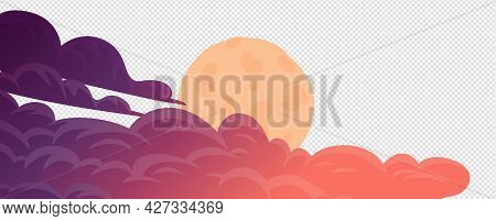 Clouds, Cartoon Vector Background. Evening Cloudsand Full Moom On White Background. Vector Illustrat