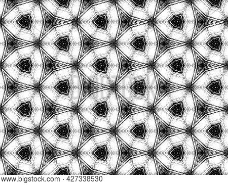 Symmetric Geometric Black And White Textured Kaleidoscope Pattern. Seamless Abstract Ornament For De
