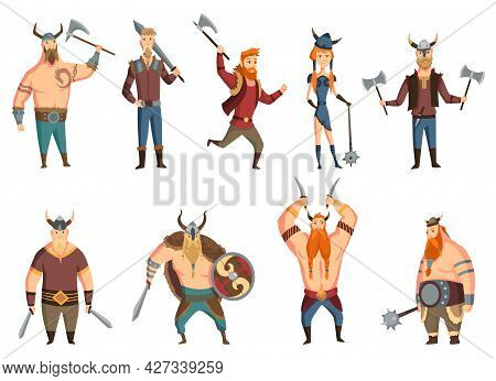 Viking People Set With Horned Helmet, Axe, Sword And Shield, Knife, Mace Or Hammer. Bearded Men Warr