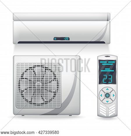 Air Conditioner System - Realistic Set With Cooling Or Heating Equipment. Electronic Appliance Or De