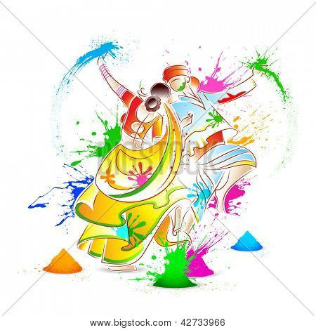 illustration af par leger Holi med farve