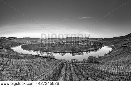 Scenic Moselle River Loop With Village Trittenheim Seen From Leiwen, Germany