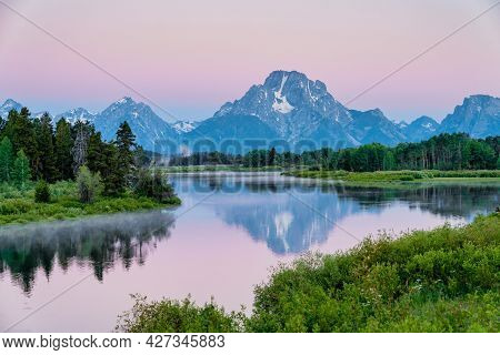 Oxbow Bend At Grand Teton National Park, During A Colorful Pink Sunrise In Wyoming