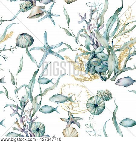 Watercolor Underwater Seamless Pattern Of Fish, Gold Shell, Linear Laminaria And Coral. Underwater A
