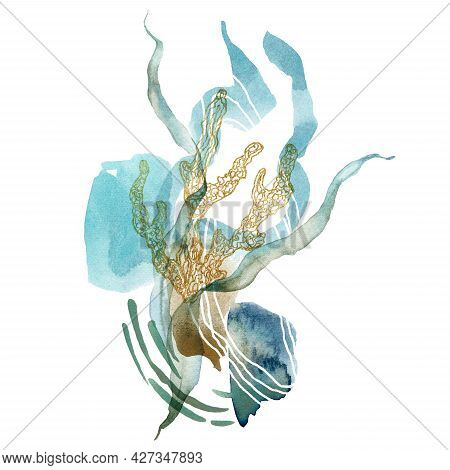 Watercolor Abstract Card Of Linear Corals And Gold Laminaria. Underwater Animals And Plant Isolated 