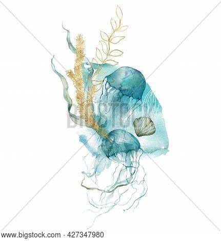 Watercolor Abstract Card Of Shell, Jellyfish, Linear And Gold Laminaria. Underwater Animals And Plan