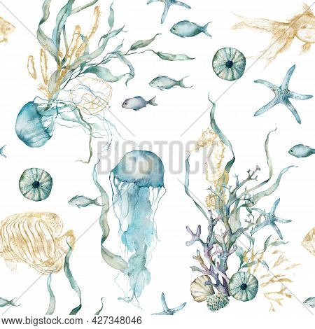 Watercolor Underwater Seamless Pattern Of Gold Fish, Seahorse, Laminaria And Coral. Underwater Anima