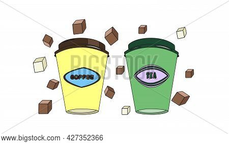 Coffee And Tea In Paper Cups. An Illustration Template For The Design Of The Menu Of Cafes And Bars.