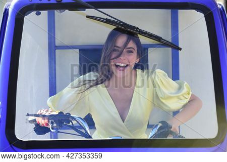 Funny Woman Draver In Electro Car. Saving Ecology. Electric Cars.