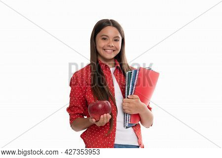 Happy Teen Girl Hold School Copybook For Studying And Apple Lunch Isolated On White, Healthy Lunch