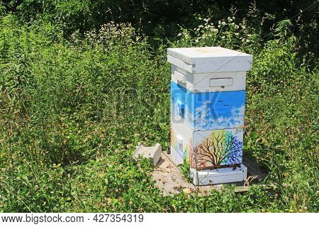 Colorful Langstroth Beehive Among Brilliant Green Background Copy Space.