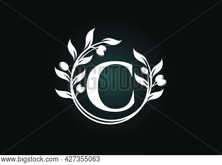 Initial Letter C Sign Symbol With Olive Branch Wreath. Round Floral Frame Made By The Olive Branch. 