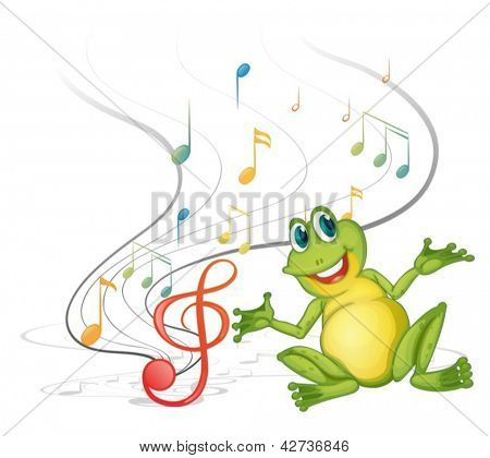 Illustratie van een kikker met muzikale noten op een witte achtergrondkleur