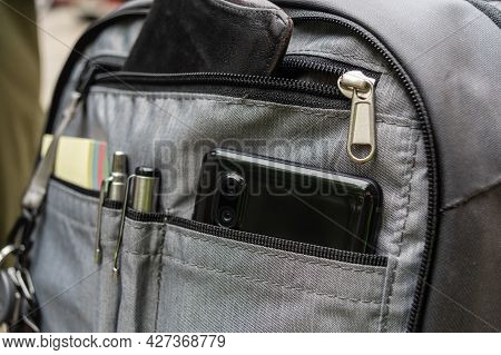 Organizer Department In A Backpack. Smartphone, Keys, Wallet In A Backpack. Urban Backpack With Orga