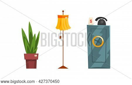 Garage Sale Set, Metal Safe Box, Lamp, Potted Plant Cartoon Vector Illustration