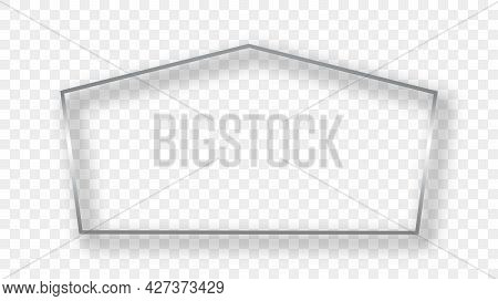 Silver Glowing Tetragon Shape Frame With Shadow Isolated On Transparent Background. Shiny Frame With