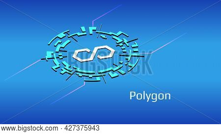 Polygon Matic Isometric Token Symbol In Digital Circle On Blue Background. Cryptocurrency Coin Icon.
