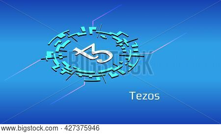 Tezos Xtz Isometric Token Symbol In Digital Circle On Blue Background. Cryptocurrency Coin Icon. Vec