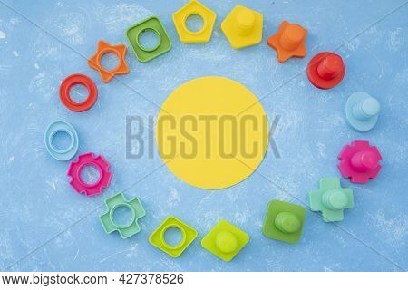 Colorful Details Of The Designer, Geometric Shapes. Mock Up Background. Empty Space For Your Text.