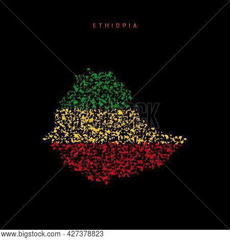 Ethiopia Flag Map, Chaotic Particles Pattern In The Colors Of The Ethiopian Flag. Vector Illustratio