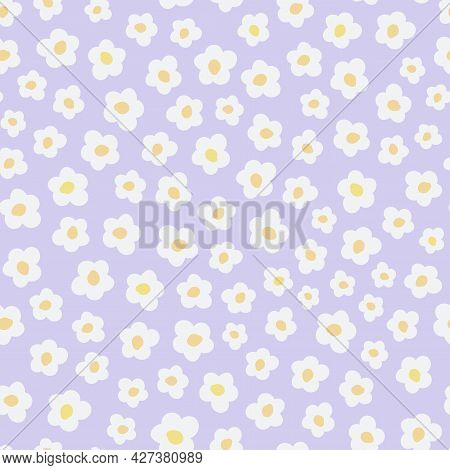 Cute Seamless Pattern With Primitive Naive Art Flowers In 70s Style