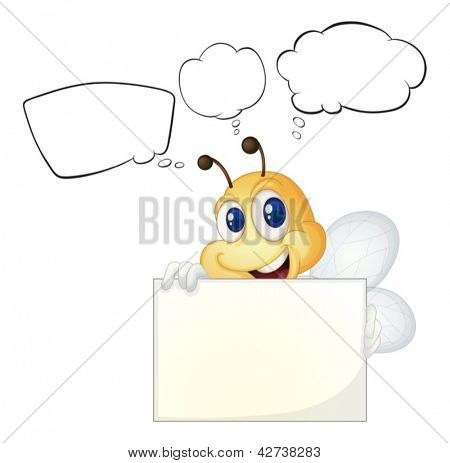 Illustration af en bi holding et hvidt bord på en hvid baggrund