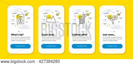 Vector Set Of Calculator, Technical Info And Line Chart Line Icons Set. Ui Phone App Screens With Li