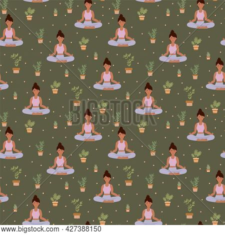 Irls Yoga Classes On A Green Background. Yoga And Pilates For Women. Relaxation Pose Vector Pattern.