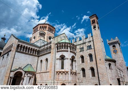 Trento, Italy, June 2021. The Imposing Cathedral Of San Vigilio, Rear Three-quarter View. Beautiful 