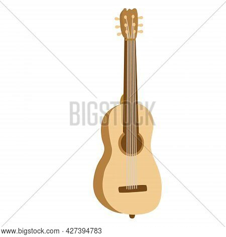Six-string Acoustic Guitar. Hand Drawn Flat Vector Illustration. Stringed Musical Instrument.