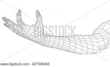 Hand Hold Some Tiny Or Thin Object. Vector Rendering Of 3d. Wire-frame Style. Hand Hold Somethin