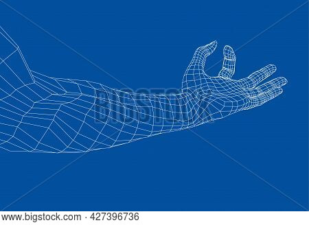 Hand Hold Some Tiny Or Thin Object. Vector Rendering Of 3d. Wire-frame Style. Hand Hold Somethin