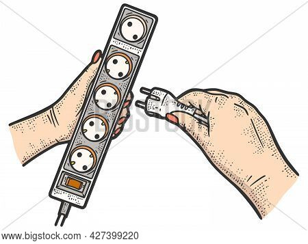 Extension Cord. Hands Plug The Plug Into The Socket Color. Sketch Scratch Board Imitation.