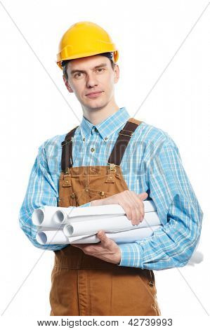 young builder worker in protective hardhat and workwear overall with drafts plans isolated