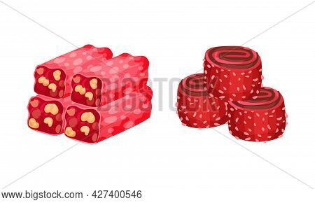 Turkish Delight Or Lokum As Arabic Sweet And Sugary Dessert Vector Set