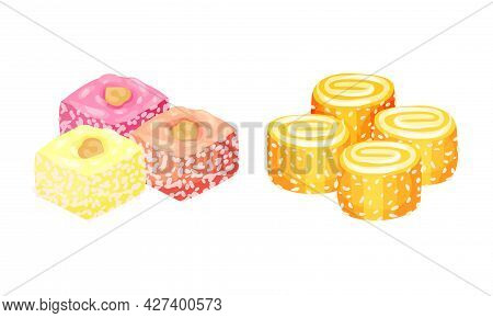 Turkish Delight Or Lokum As Arabic Sweet And Sugary Dessert Vector Set