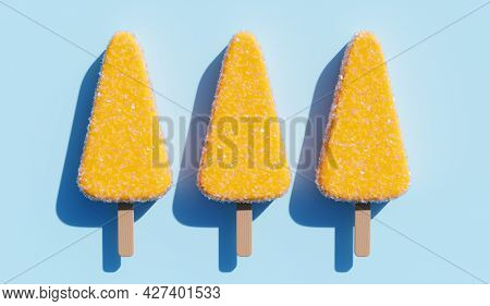 Lemon popsicles background. Fruity ice pop, ice cream treat