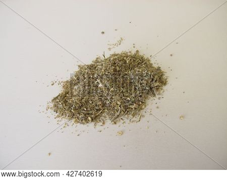 Dried Absinthe Wormwood Herbs On A Wooden Board, Artemisia Absinthium