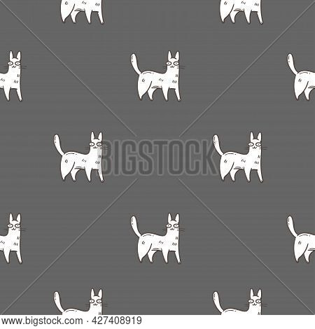 Seamless Pattern With Cute Cartoon Cats On Cray Background. Funny Animals Wallpaper. Vector Doodle K