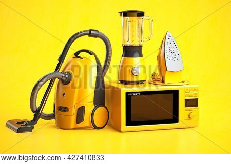 Yellow household appliances on yellow background. Set of home  technics. 3d illustration
