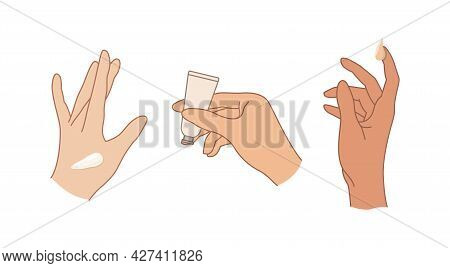 Women's Hands With Applied Cream, A Set Of Elegant Vector Illustrations Of Care Cosmetics. A Woman H