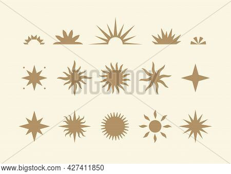 Collection Of Modern Abstract Sun Illustrations In Boho Style. Vector Design Elements For Branding, 